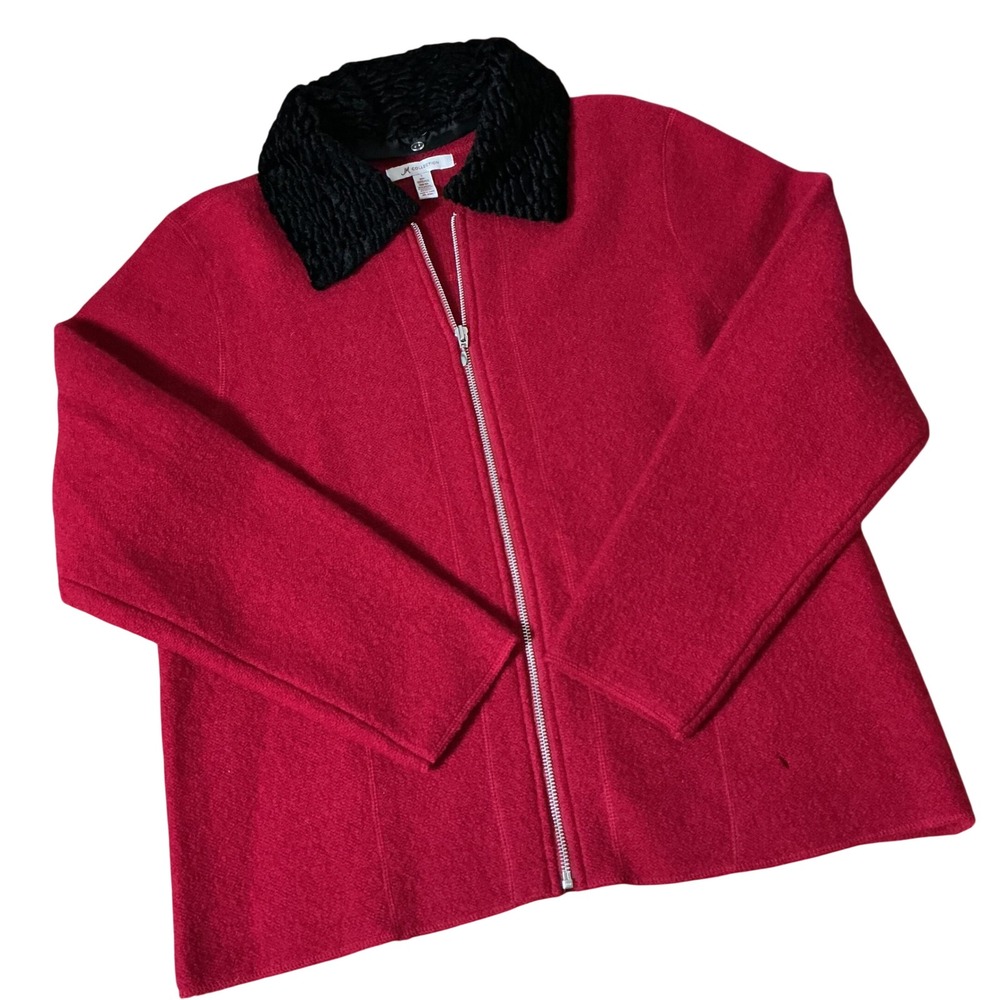 JM Collection Wool Detachable Faux Fur Collar Jacket Women L Red Zip Up WPL 8046